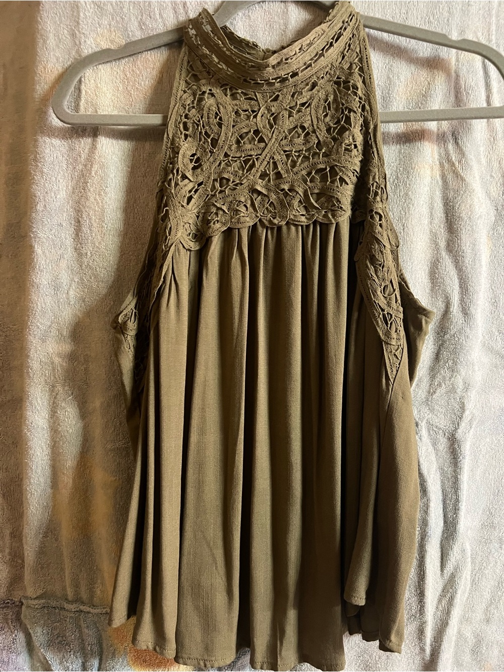 High-Neck Crochet Yoke Top in Olive Green